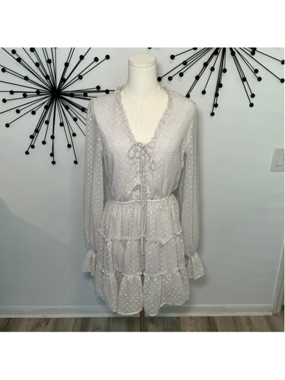 Venus White Swiss Dot Ruffle Mini Dress Sheer Boho Cottagecore Size S